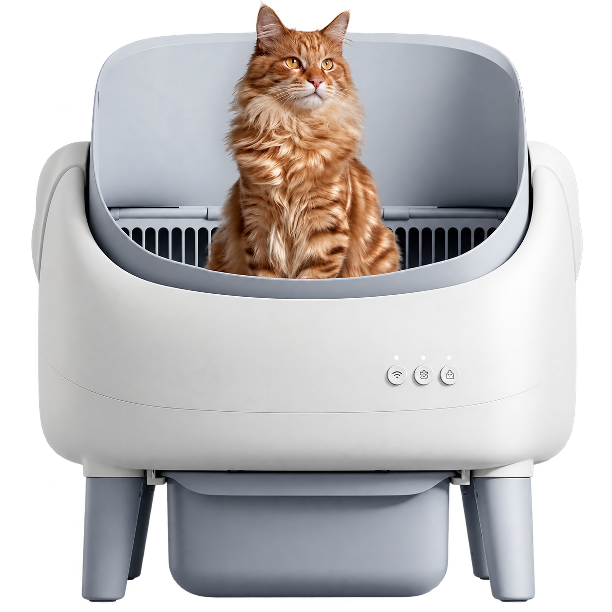 Smart Selvrensende Kattebakke Pro i hvid og grå med kat