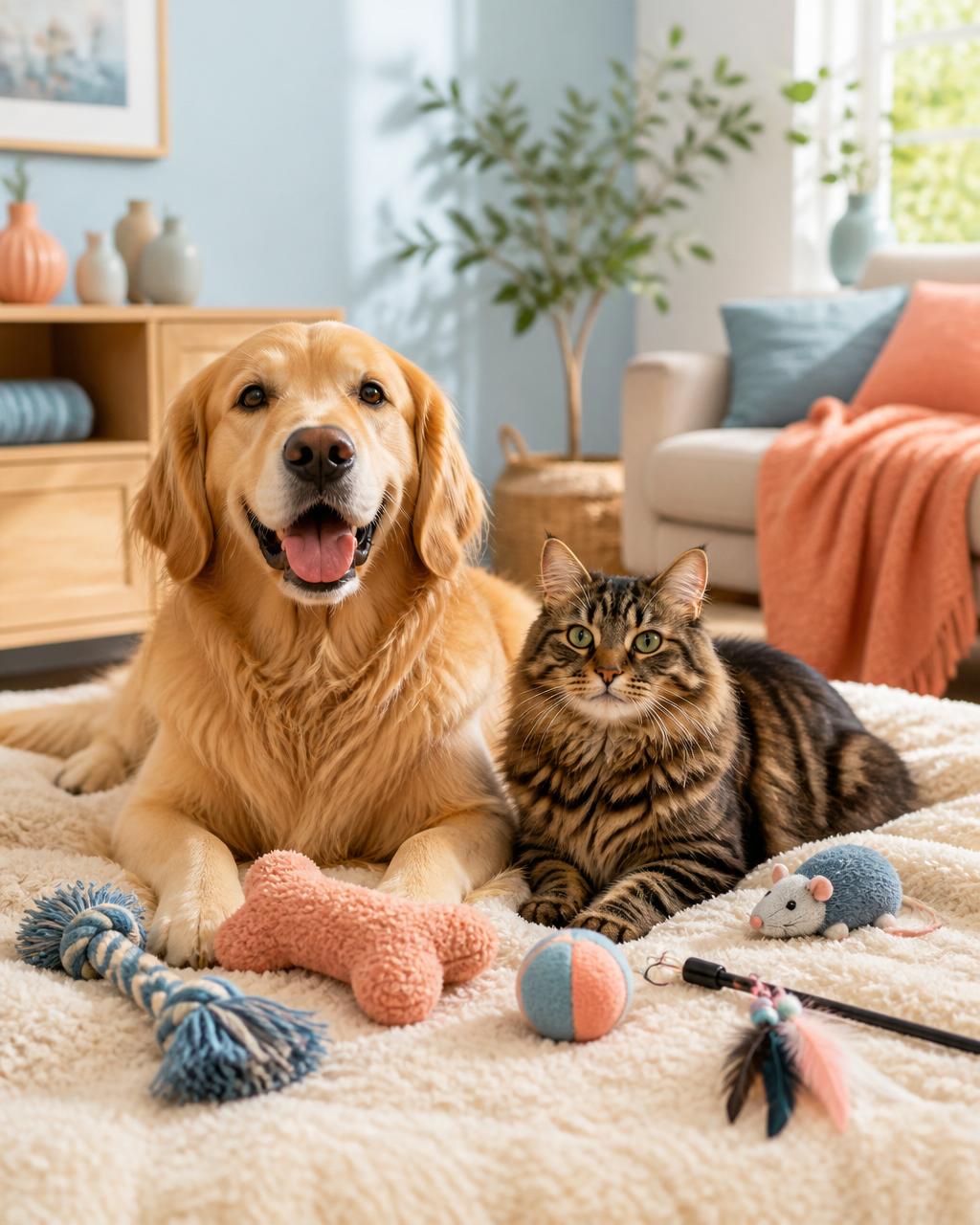 Glad hund og kat leger sammen omgivet af farverigt kæledyrslegetøj og tilbehør fra PetBuddies